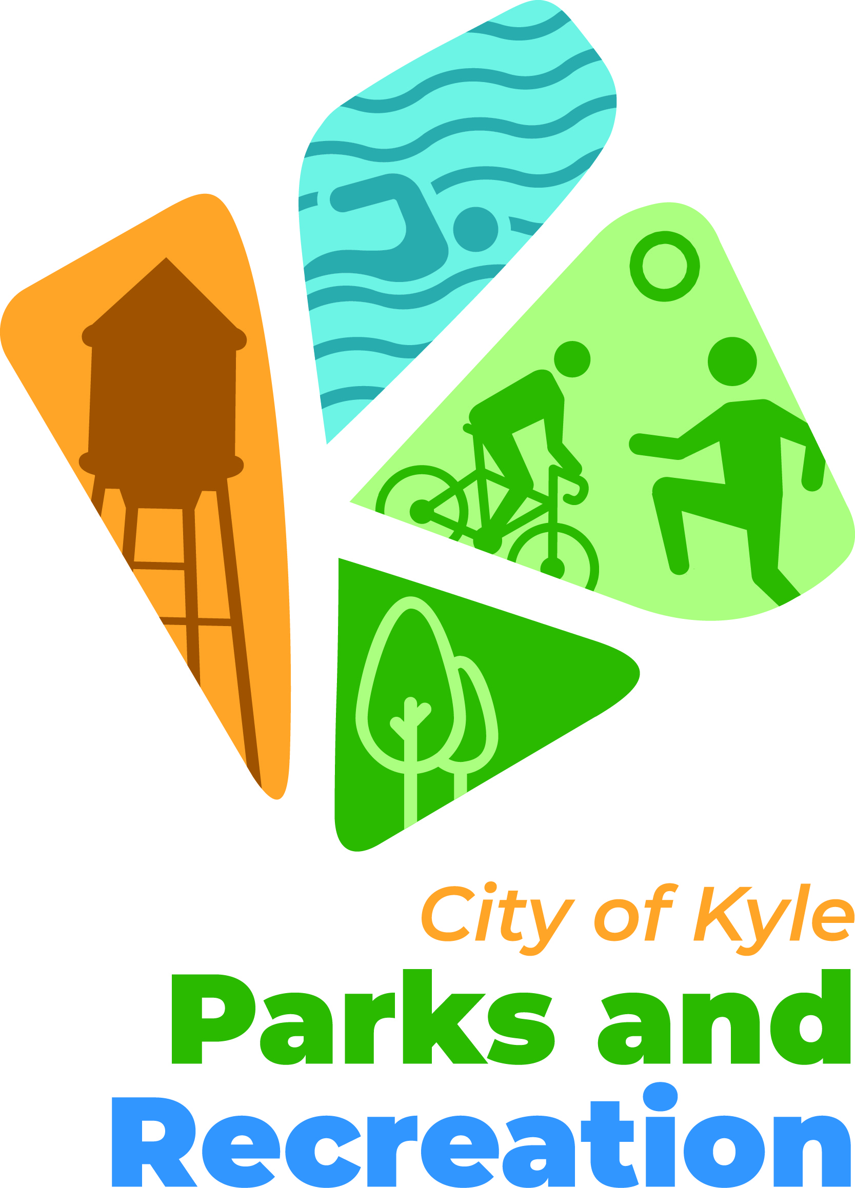 The image shows a City of Kyle Parks and Recreation logo. It consists of four colorful, irregular shapes arranged around a central negative space forming a stylized "K."  Orange shape: contains a brown water tower silhouette.  Blue shape: depicts a swimmer against wavy water lines.  Light green shape: features a bicyclist and a person catching or throwing a ball.  Dark green shape: shows two stylized trees. Below these shapes, the text reads “City of Kyle Parks and Recreation,” with “City of Kyle” in orange, “Parks” in green, and “Recreation” in blue.